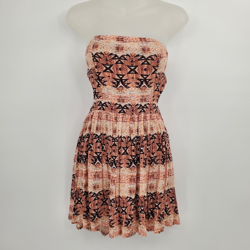 ♤♤ Forever 21 Strapless Open Back Geometric Print Dress Size Small Pink Brown